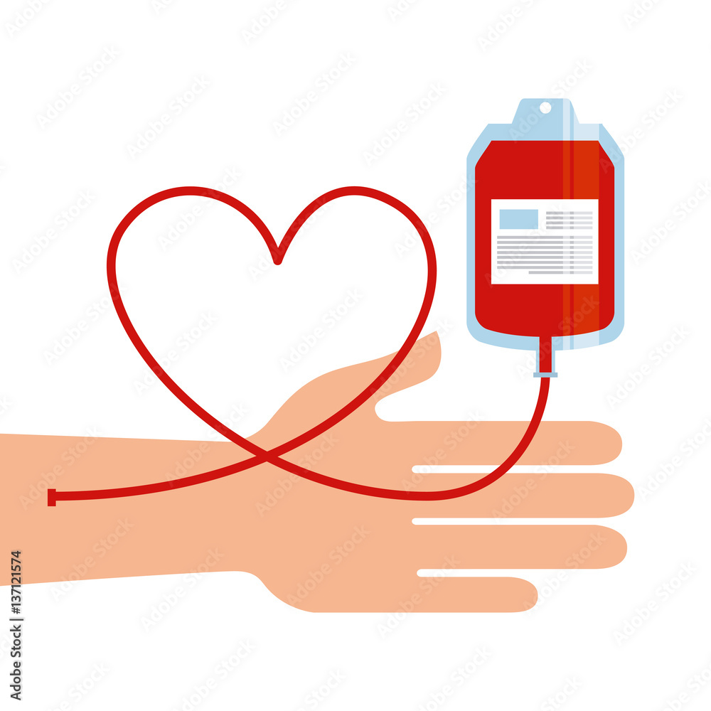 Wall mural hand with blood bag icon over white background. donation blood concept. colorful design. vector illu