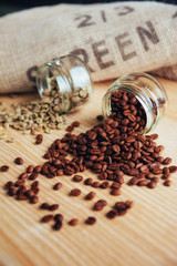 Cheese and green beans in coffee bag made from burlap