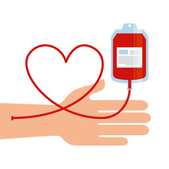 hand with blood bag icon over white background. donation blood concept. colorful design. vector illustration - obrazy, fototapety, plakaty