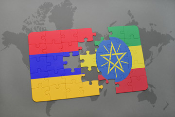 puzzle with the national flag of armenia and ethiopia on a world map