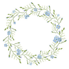 Beautiful greeting card with a wreath of spring blue flowers on white background