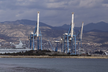 Port construction on the coast. Limassol surroundings. Cyprus.