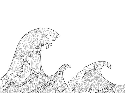 The Great Wave Off Kanagawa Coloring Book For Adults Vector