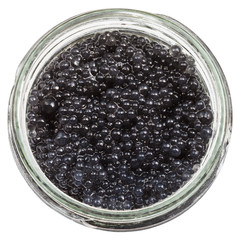black pickled caviar of halibut fish in glass jar