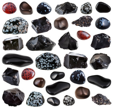 Fototapeta collection of tumbled and raw obsidian stones