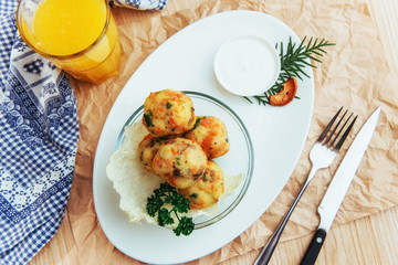 Chickpea falafel balls with vegetables wooden table.
