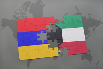 puzzle with the national flag of armenia and kuwait on a world map