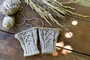 Knitted mittens and knitting needles  and yarn on wooden table beside dry plant. Unfinished knitting needlework in process.
