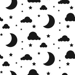 Naklejka premium Black and white background. Starlight moon night seamless kid vector pattern. Monochrome toddler style textile fabric cartoon scandinavian ornament.