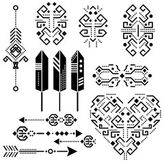 Tribal aztec vector stencil elements. Tribal arrows, feathers and heart graphic black on white illustration.