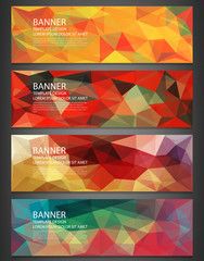 Polygonal banners with abstract multicolored mosaic background. Vector