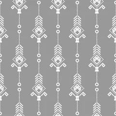 Tapeten Grau Böhmisches nahtloses Vektormuster. Weiß auf grauem, kachelbarem Navajo-Hintergrund.