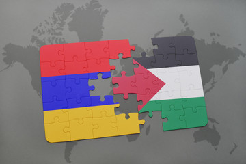 puzzle with the national flag of armenia and palestine on a world map