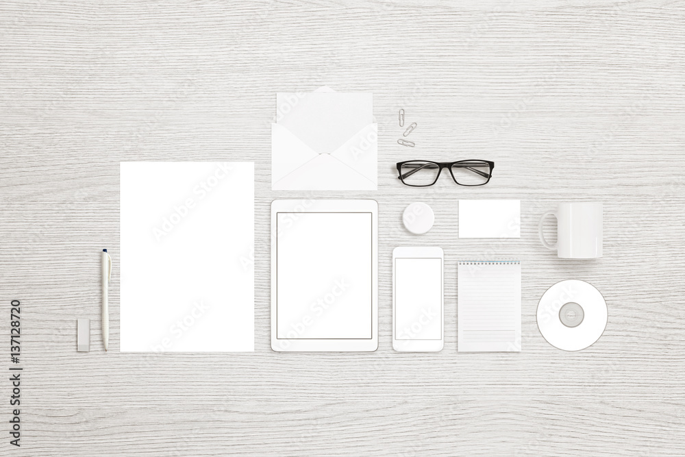 Aufkleber top view of isolated stationary objects for branding, identity design presentation. white background