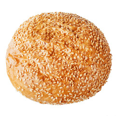 bun sprinkled with sesame seeds on a light background. insulatio