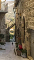 Fototapeta na wymiar Panoramic view from an alley in Casteltrosino, Marche, Italy