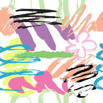 Floral brush strokes illustration with colorful hand drawn flowers, splashes, zigzag elements and doodles. Grunge style drawing