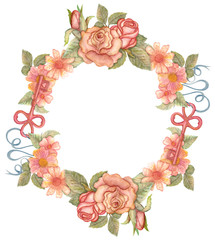 Watercolor flower wreath with keys, locks and ribbons