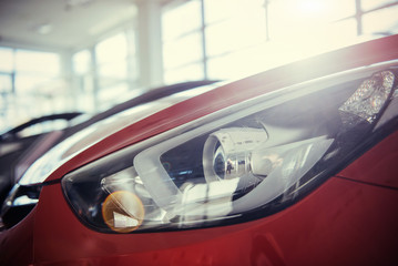 Headlights and hood of sport red car