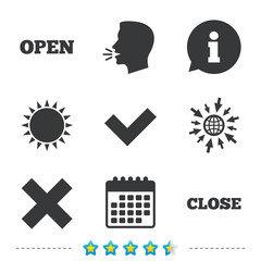 Open and Close icons. Check or Tick. Delete sign.