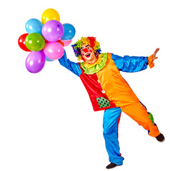 Birthday child clown with balloons bunch on isolated. Events organizer man is standing on one leg...