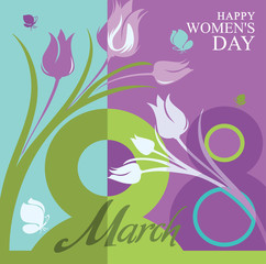 8 March. Beautiful vector card with tulips and butterflies for the spring holiday.