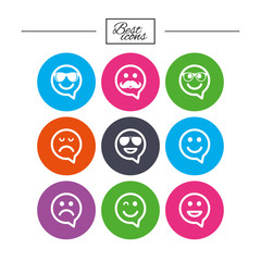 Smile icons. Sunglasses, mustache and laughing.