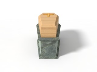 simple wooden coffin on marble platform