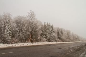 The road from Colomiy to Tismenitsa in Ivano-Frankivsk region of Ukraine. February 2013