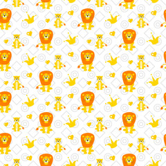Cute lion and lioness seamless vector pattern. Cartoon yellow wild safari animals and crown on white background for kid textile prints and apparel.