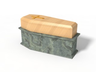 simple wooden coffin on marble platform