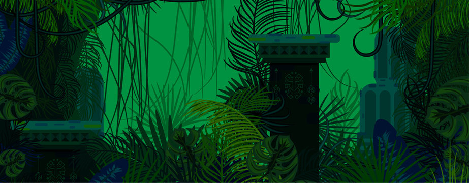 Exotic Woods Green Wild Nature Background. Dense Palm Leaves, Tree Branches And Mayan Ruins Vector.