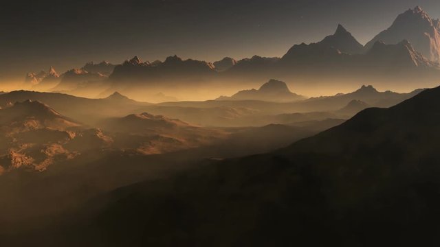 Sunset on Mars. Mars mountains, view from the valley after dust storm