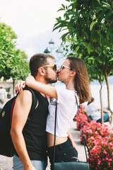 Kissing couple in Gargnano at Lake Garda, Italy, Europe.