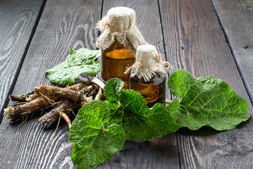 Roots and leaves of burdock (Arctium lappa), burdock oil in bottles