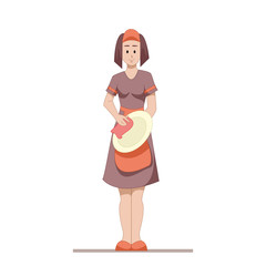 Housekeeper or housewife cleans the dishes after washing. Flat character isolated on white background. Vector, illustration EPS10.