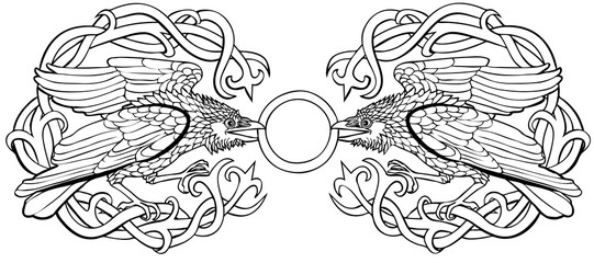 Vector illustration of celtic ravens cloak clasp black and white