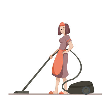 Housekeeper or housewife makes home cleaning with a vacuum cleaner. Flat character isolated on white background. Vector, illustration EPS10.