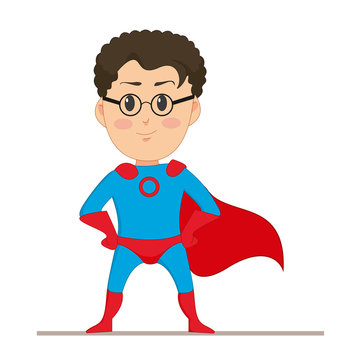 Young man in super hero costume. The man in glasses with developing a red cape on his back. Flat character isolated on white background. Vector, illustration EPS10.