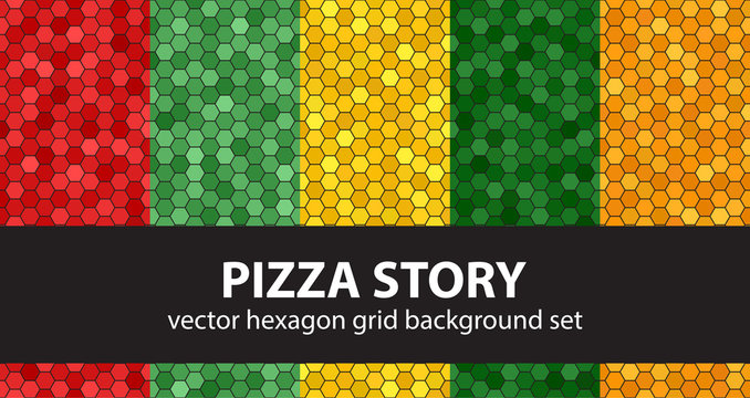 Hexagon pattern set "Pizza Story". Vector seamless geometric backgrounds