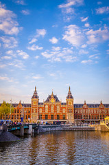 Fototapeta premium Amsterdam Central Train Station at sunset, the Netherlands