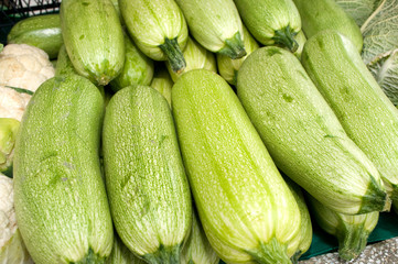 Bunch of green cucumbers on the table in the market, Novi Sad, Serbia