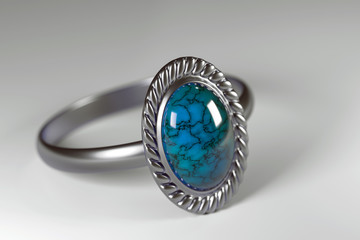 Silver Ring with Blue  Stone, 3d Rendering