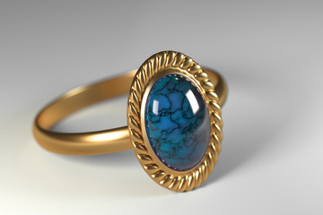 Golden Ring with Blue  Stone, 3d Rendering