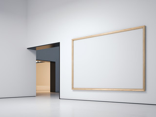 White gallery with golden frame. 3d rendering