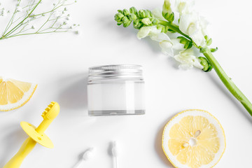 natural organic cosmetics for baby on white background top view