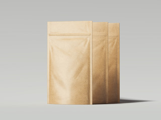 Three blank packaging recycled kraft paper bags. 3d rendering