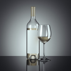 White wine bottle and glass. 3d rendering