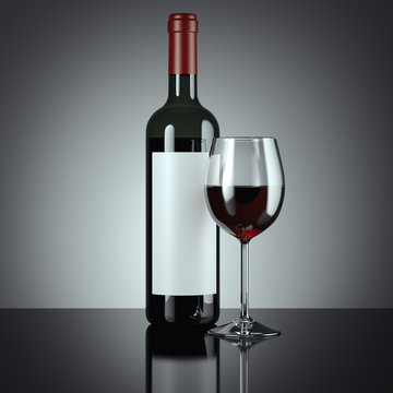 Red wine bottle and glass. 3d rendering