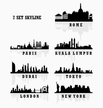 Set of big city skyline silhouette in the world vector illustration